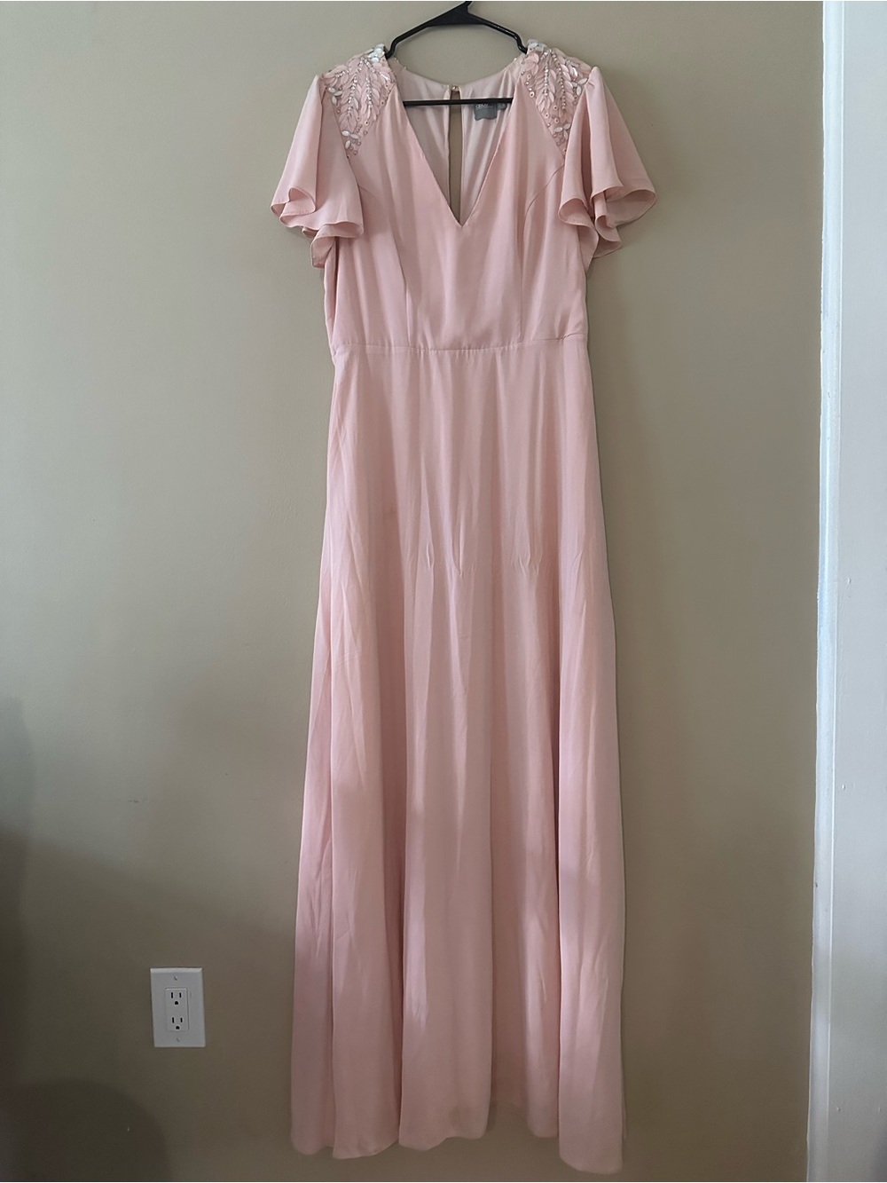 ASOS Blush Pink V-Neck Beaded Flutter-Sleeve Maxi Dress, Sz 10 (altered)